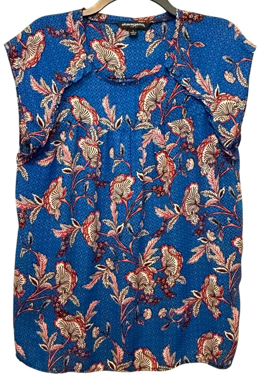 Sharagano Cap Sleeve Top Blue Floral Ruffle Detail Large